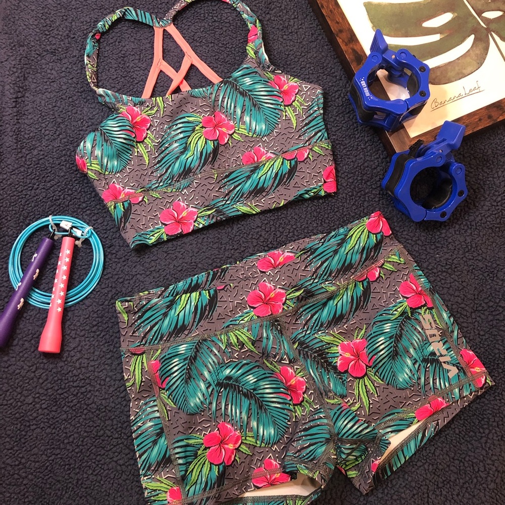Matching floral/geometric bra and shorts set